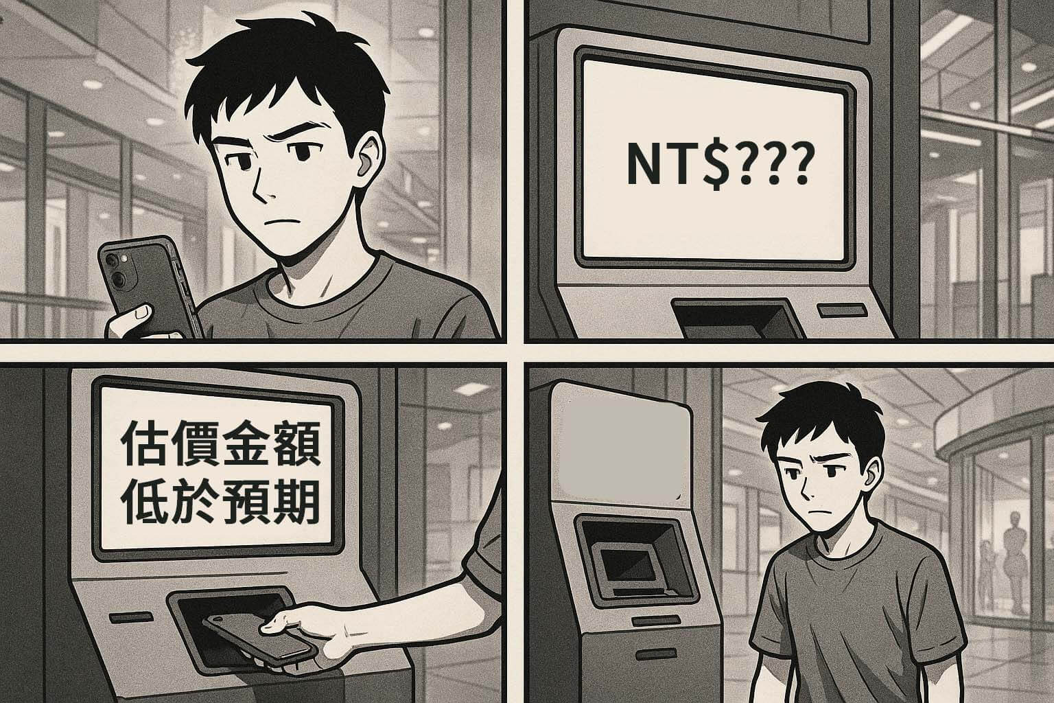 高雄手機回收機台示意漫畫｜估價偏低
