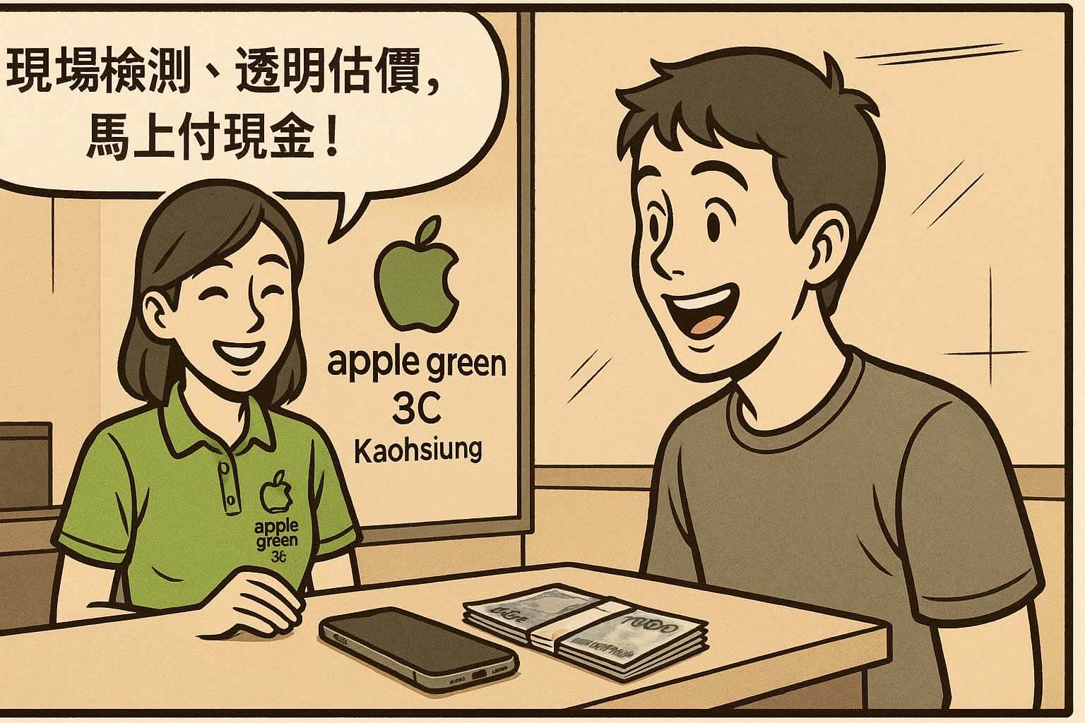 青蘋果3C高雄門市手機收購漫畫｜現場估價與現金付款