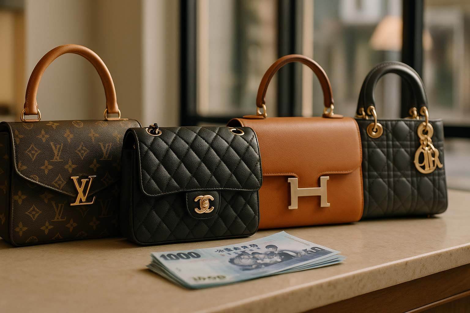 高雄二手精品收購背景圖｜Chanel LV Hermès 精品包與現金展示畫面