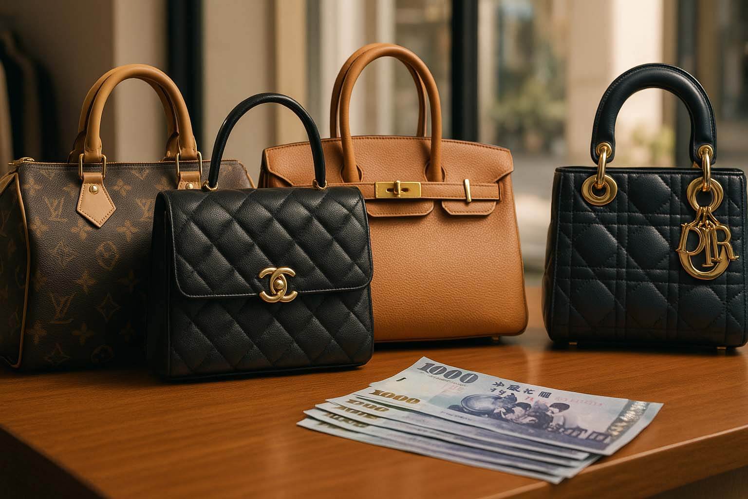 高雄二手精品收購背景圖|Chanel LV Hermès 精品包與現金展示畫面