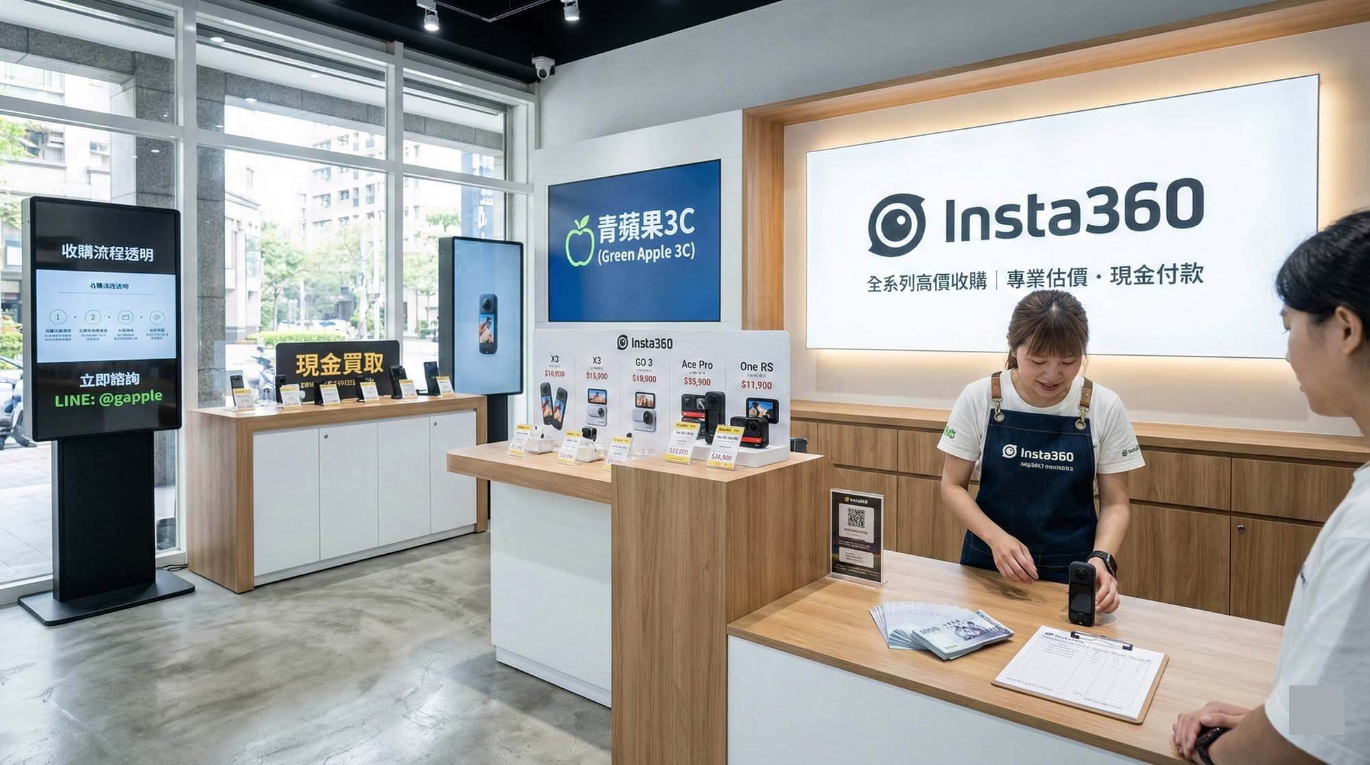 青蘋果3C Insta360 全系列相機收購現場估價示意圖 / Green Apple 3C Insta360 full series camera buyback on-site valuation illustration