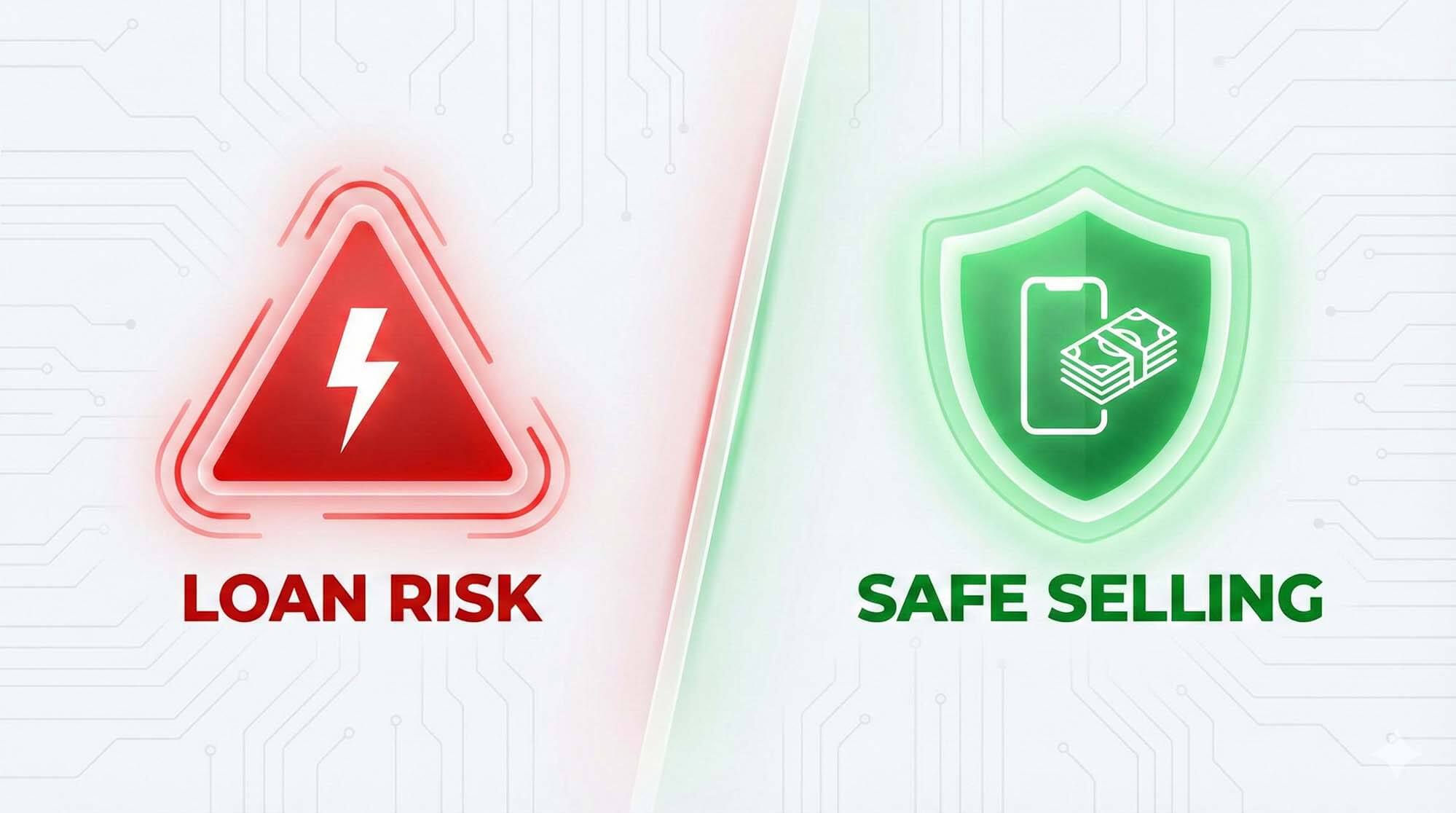 一個紅色的警告標誌標示著借款風險，旁邊是綠色的安全盾牌代表青蘋果3C收購。