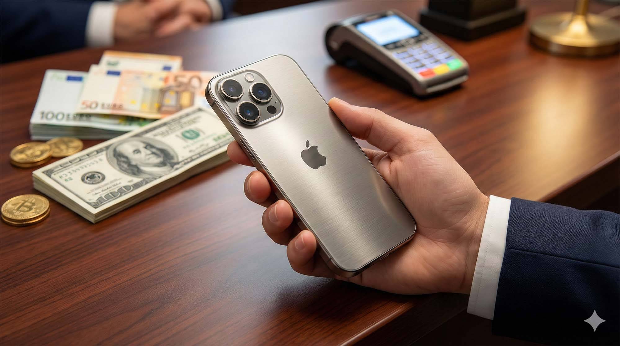 手持 iPhone 17 Pro Max 與現金交易概念圖，象徵快速變現 / Hand holding iPhone 17 Pro Max with cash transaction concept, symbolizing fast liquidity.